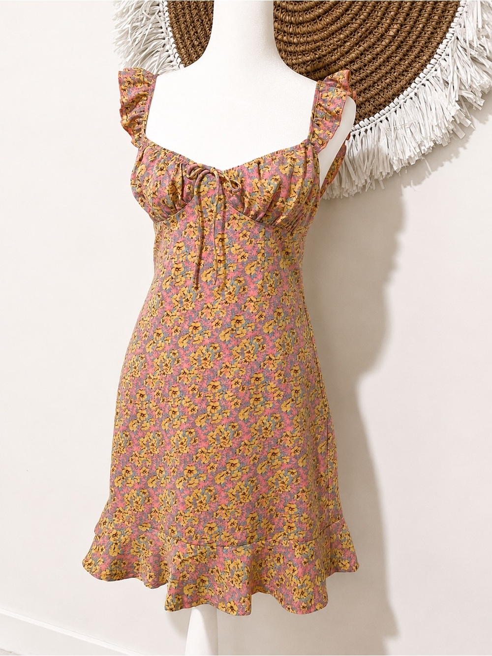 Kiss The Sky Floral Ruffle Hem Mini Dress Pink Yellow